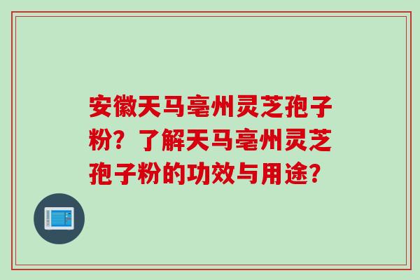 安徽天马亳州灵芝孢子粉？了解天马亳州灵芝孢子粉的功效与用途？