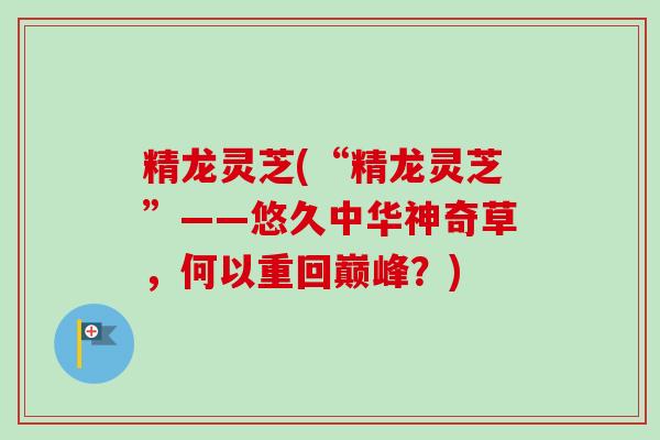 精龙灵芝(“精龙灵芝”——悠久中华神奇草，何以重回巅峰？)