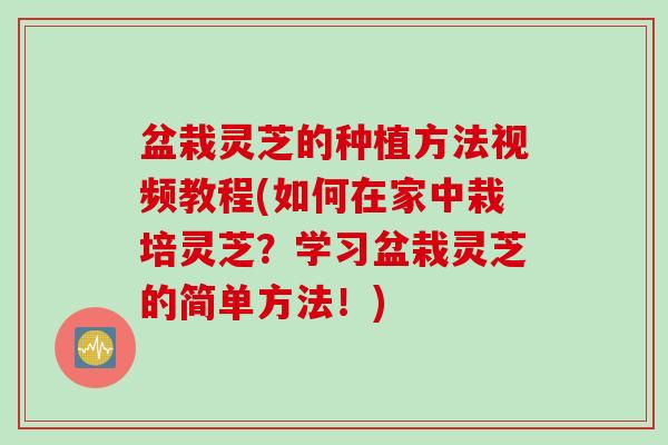 盆栽灵芝的种植方法视频教程(如何在家中栽培灵芝?学习盆栽灵芝的简单方法!) 盆栽灵芝的种植方法视频教程(如何在家中栽培灵芝?学习盆栽灵芝的简单方法!)