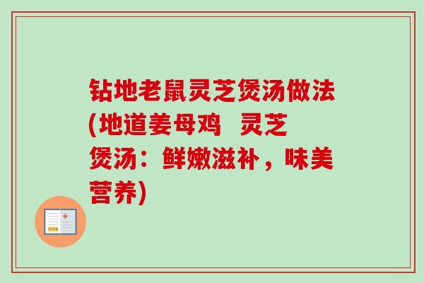 钻地老鼠灵芝煲汤做法(地道姜母鸡  灵芝煲汤：鲜嫩滋补，味美营养)